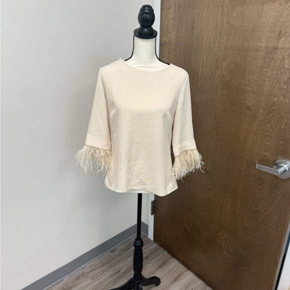 Elegant Cream Feather-Trimmed Ann Taylor Women's Top - Picture 3 of 6